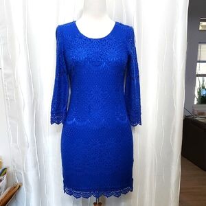 Laundry By Shelli Segal Blue Lace 3/4 Sleeve Dress